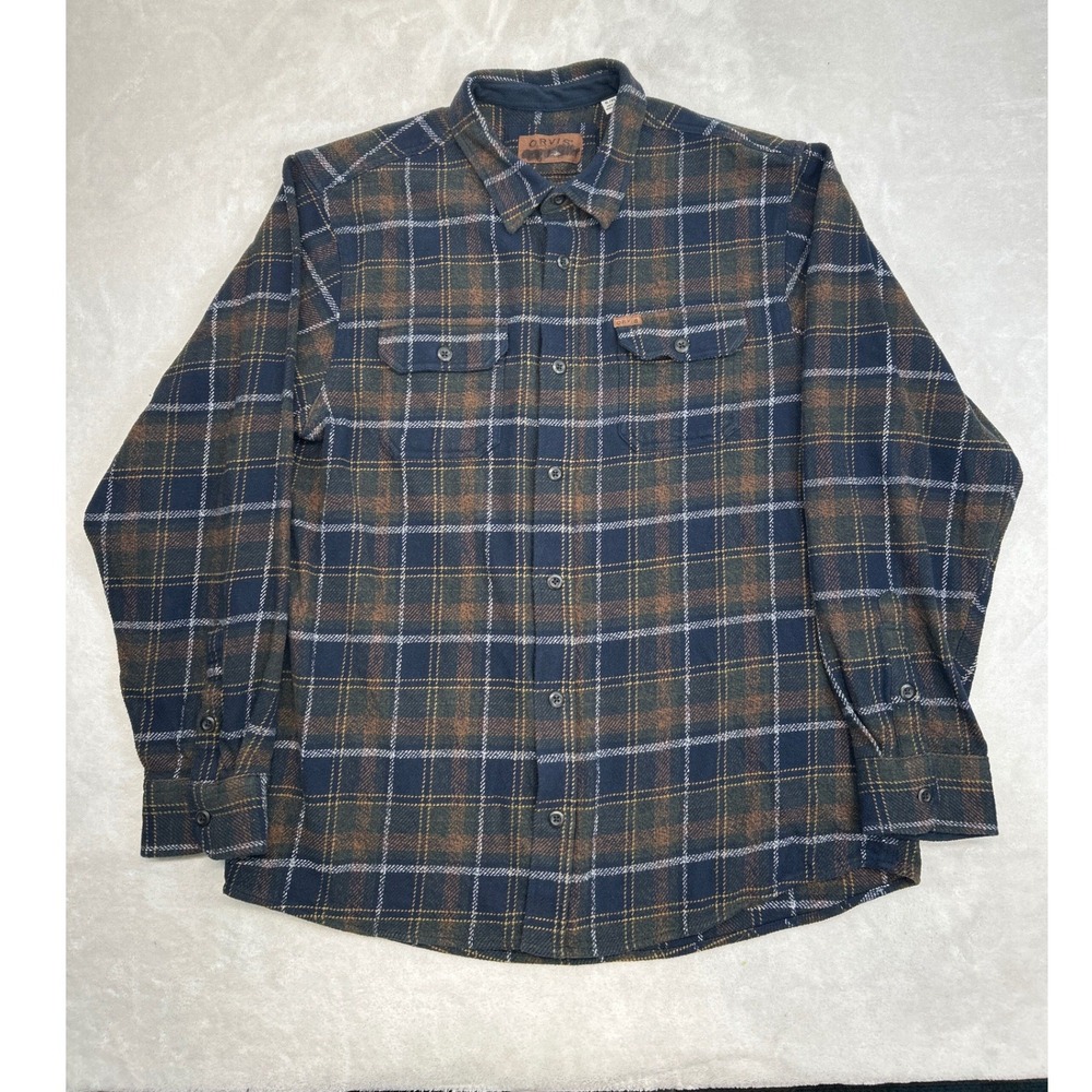 Orvis Flannel Shirt Mens XL Navy Brown Plaid Cotton Button Up Pockets